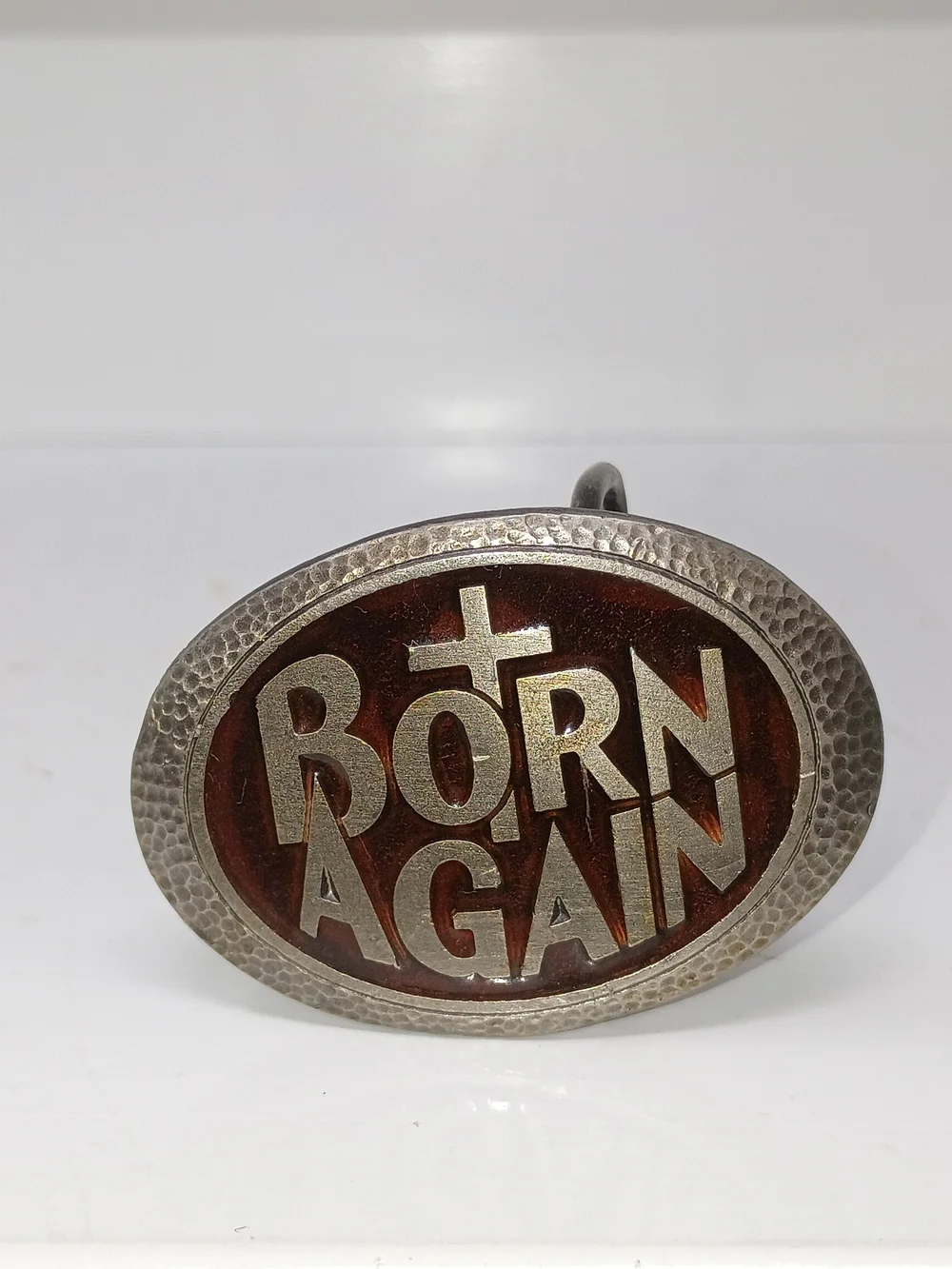 Born Again Oval Religious Belt Buckle - Silver & Brown Enamel Serial No. 1354